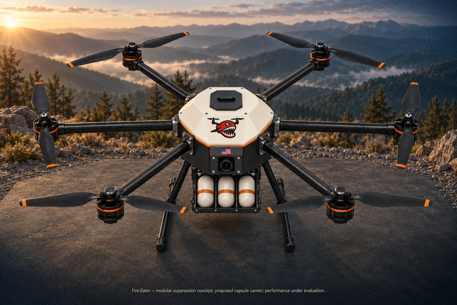 Fire-Eater six-rotor concept with a proposed three-capsule carrier on a mountain overlook at sunrise