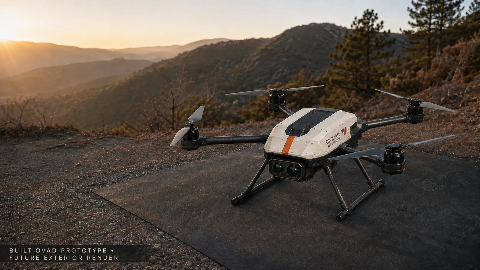 Future exterior render informed by the built OVAD prototype, on a mountain overlook at sunrise
